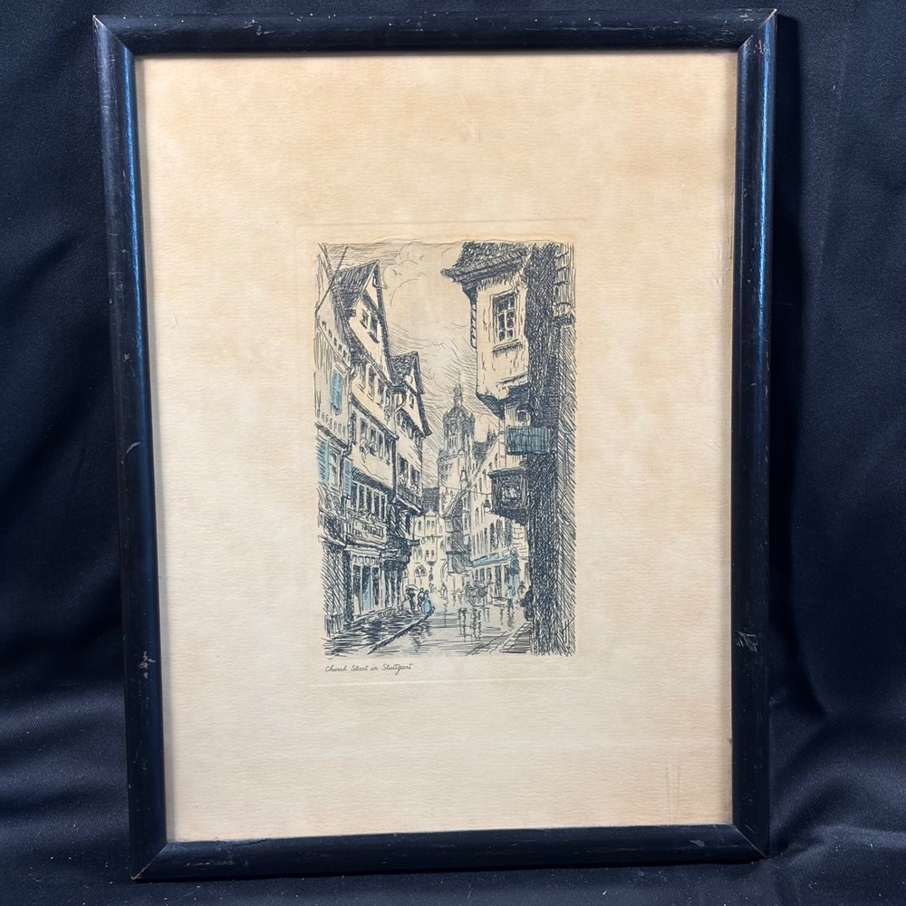 Stuttgart Church Street Vintage Hand Colored Etching Framed German Cityscape Art